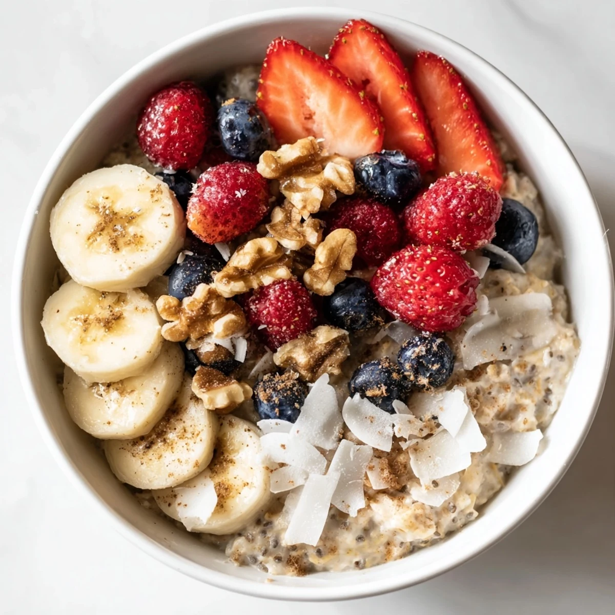 Overnight oats bowl topped with fresh berries, banana slices, and chopped almonds in a glass jar.