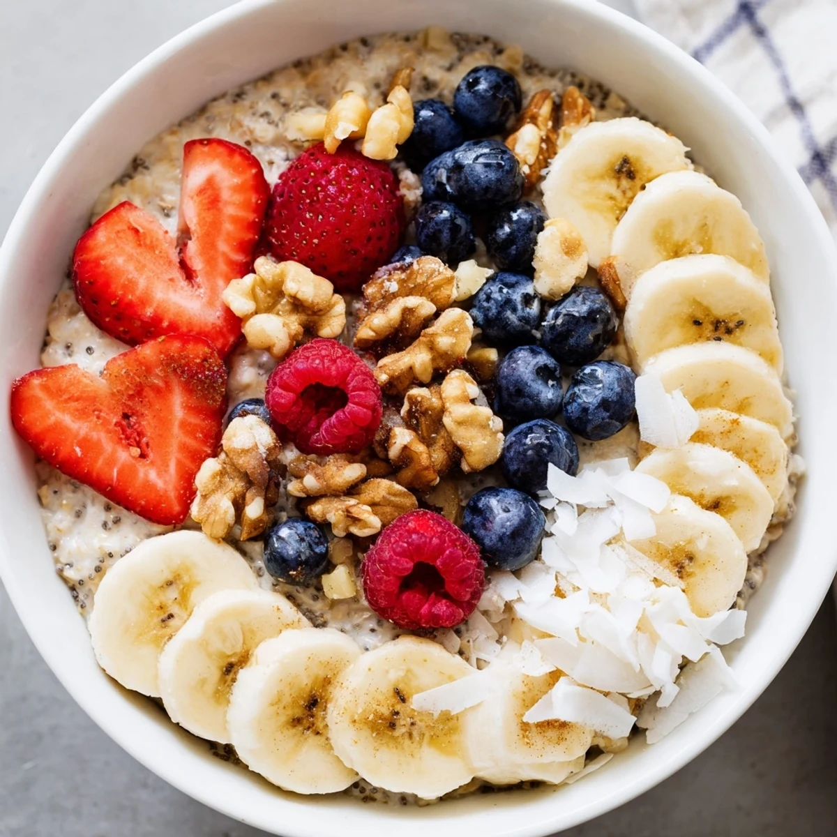 A spoon digs into this creamy, chilled breakfast featuring rolled oats, chia seeds, and cinnamon.