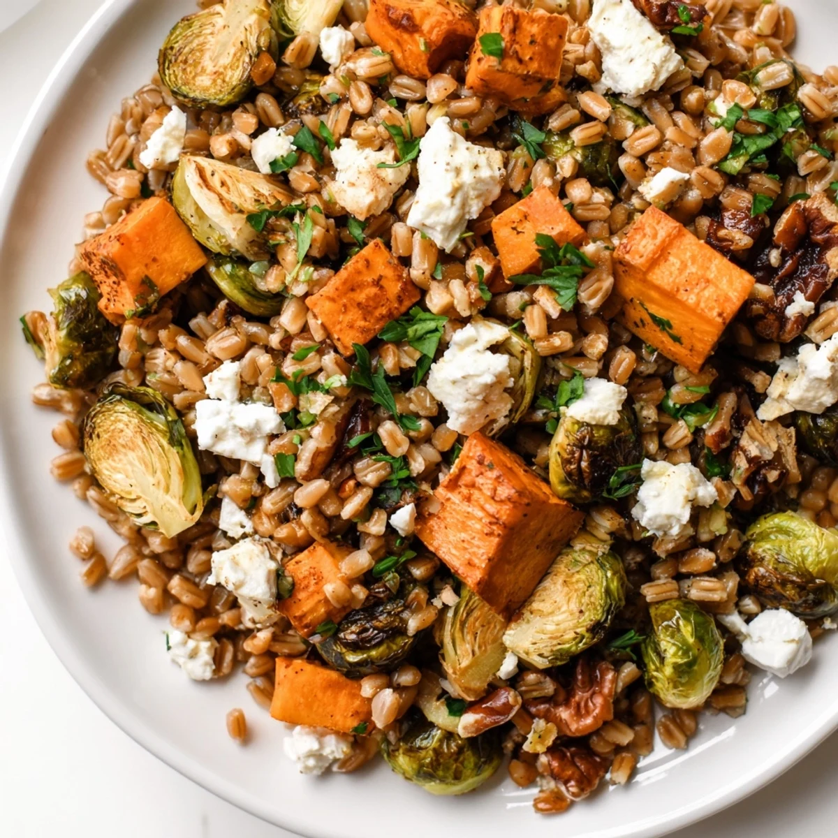 A warm Cozy Hearth Baked Toasted Farro Salad showcases nutty grains, vibrant diced red bell peppers, and red onion wedges tossed in a zesty apple cider vinaigrette.