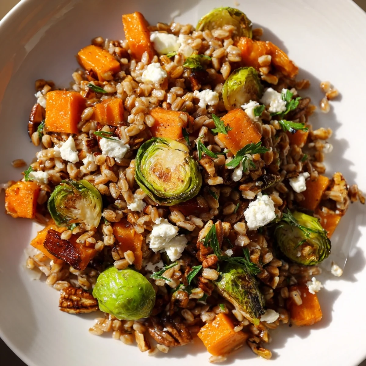 Enjoy a serving of Cozy Hearth Baked Toasted Farro Salad featuring golden roasted Brussels sprouts and sweet potatoes, topped with crumbled feta and chopped walnuts on a rustic wooden table.