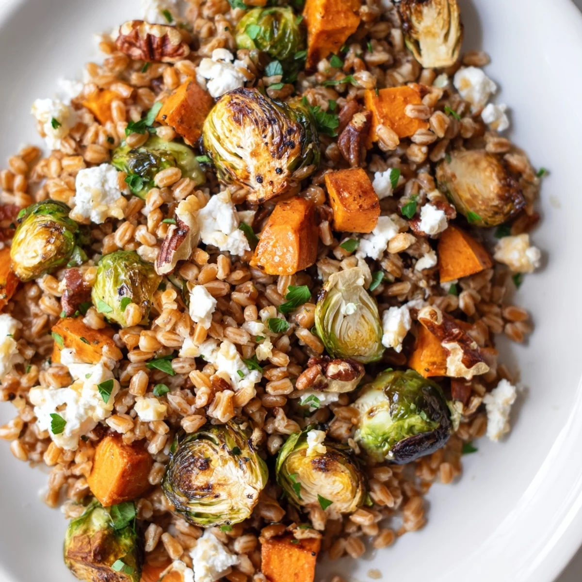 Savor the textures of the Cozy Hearth Baked Toasted Farro Salad with chewy farro, tender vegetables, and fresh parsley, presented in a shallow ceramic bowl ready to eat.