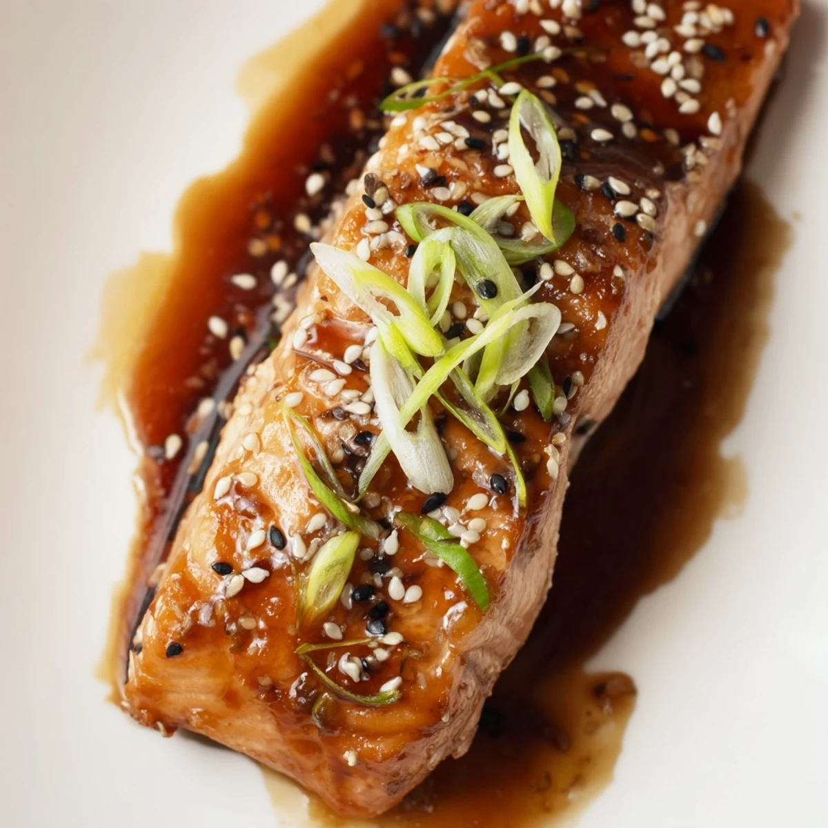 Close-up of Sake Citrus Bright Cinnamon Warmed Glazed Salmon showing tender flakes, a spoon of extra glaze, and orange wedges.