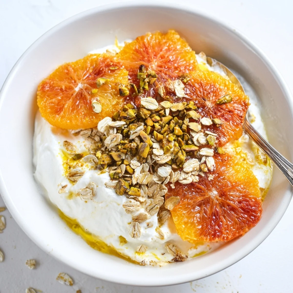 Freshly baked honey glazed citrus yogurt bowl with roasted oranges and grapefruit served for breakfast.