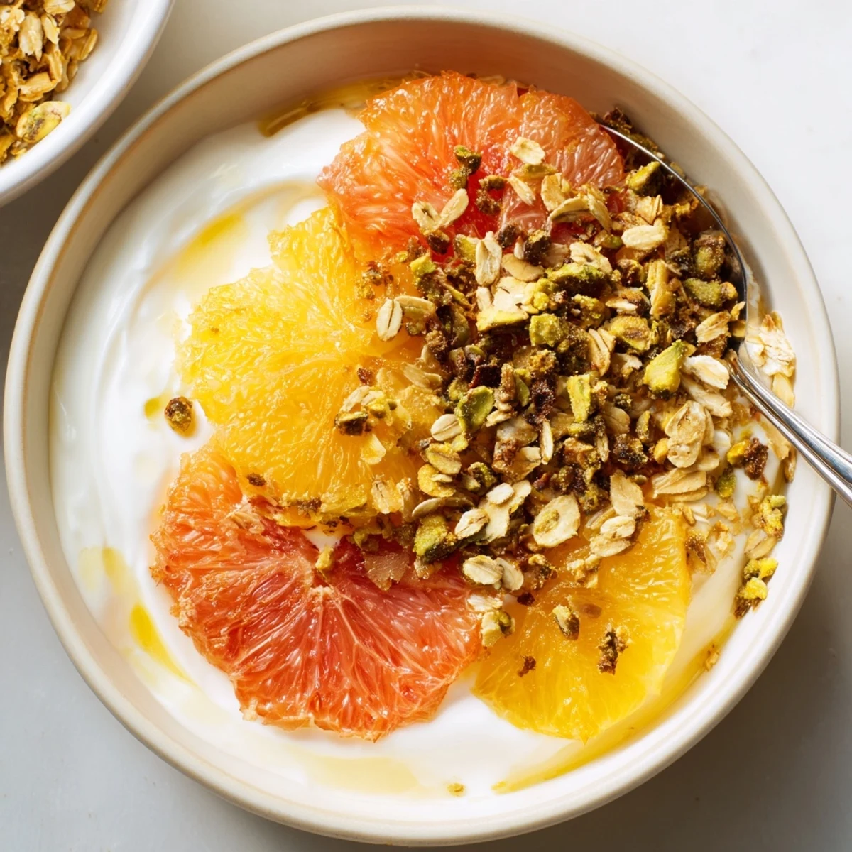 Warm honey glazed citrus slices atop creamy Greek yogurt with crunchy pistachio oat topping in a bowl.