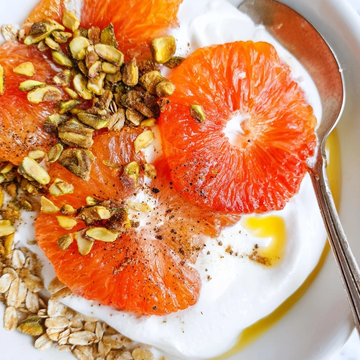 Golden roasted citrus and honey glazed Greek yogurt topped with toasted pistachios and oats in a bowl.