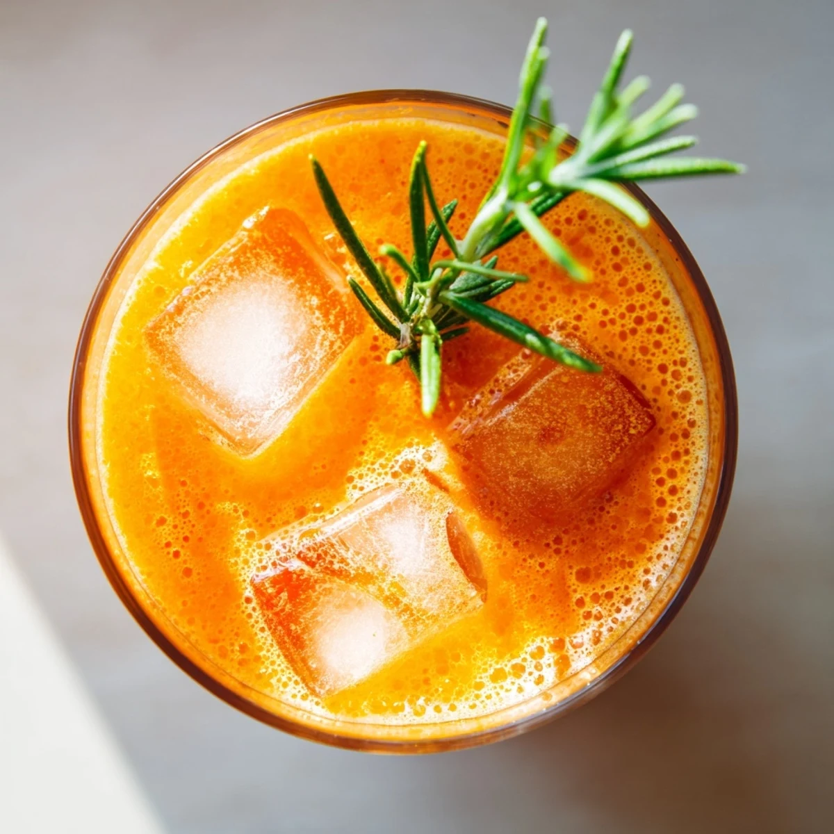Vibrant orange Carrot Orange, Pear & Rosemary Spice Smoothie served in a tall glass, garnished with fresh rosemary sprigs and a pear slice.