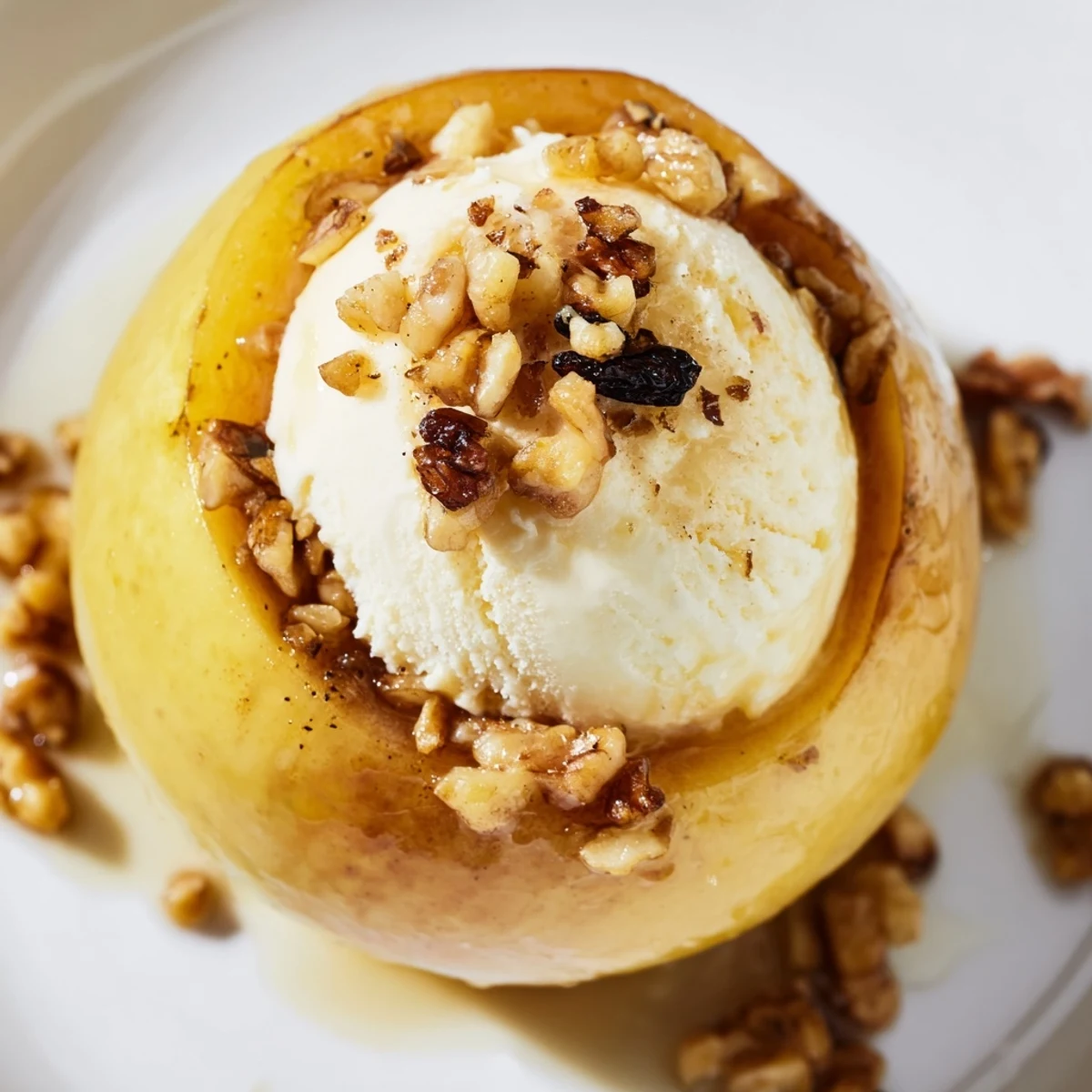 A freshly baked Cardamom Baked Apple topped with a dollop of creamy Greek yogurt and a drizzle of honey.