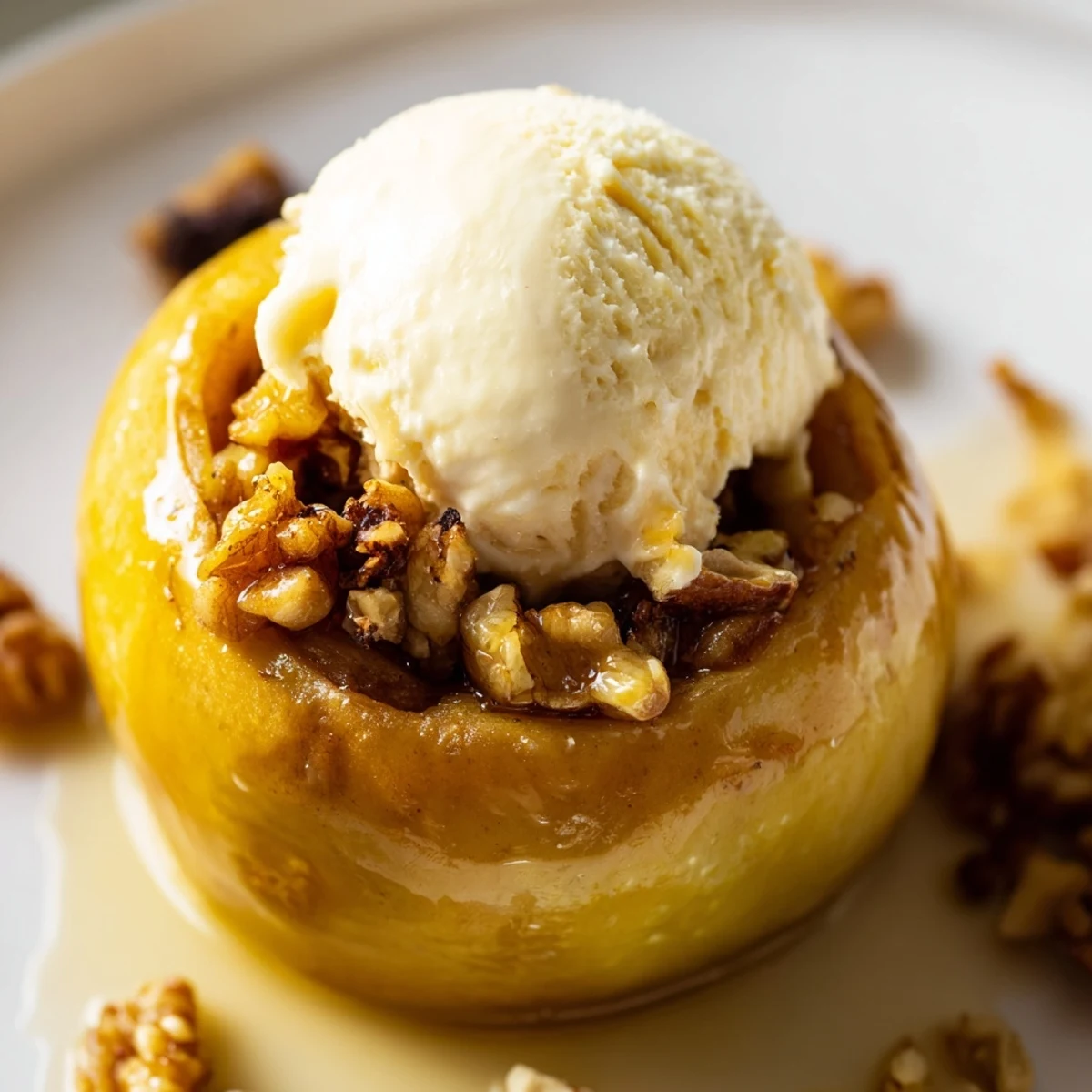 Four golden Cardamom Baked Apples stuffed with walnuts and raisins, served warm in a white ceramic baking dish.