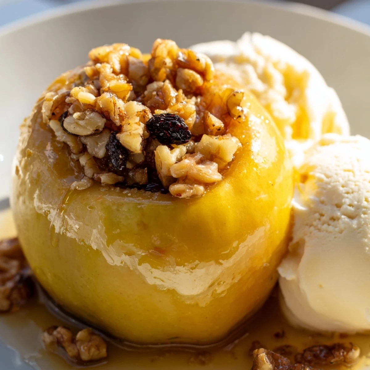 Oven-baked Cardamom Baked Apples with warm spices and pecans, presented alongside a glass of white Riesling wine.