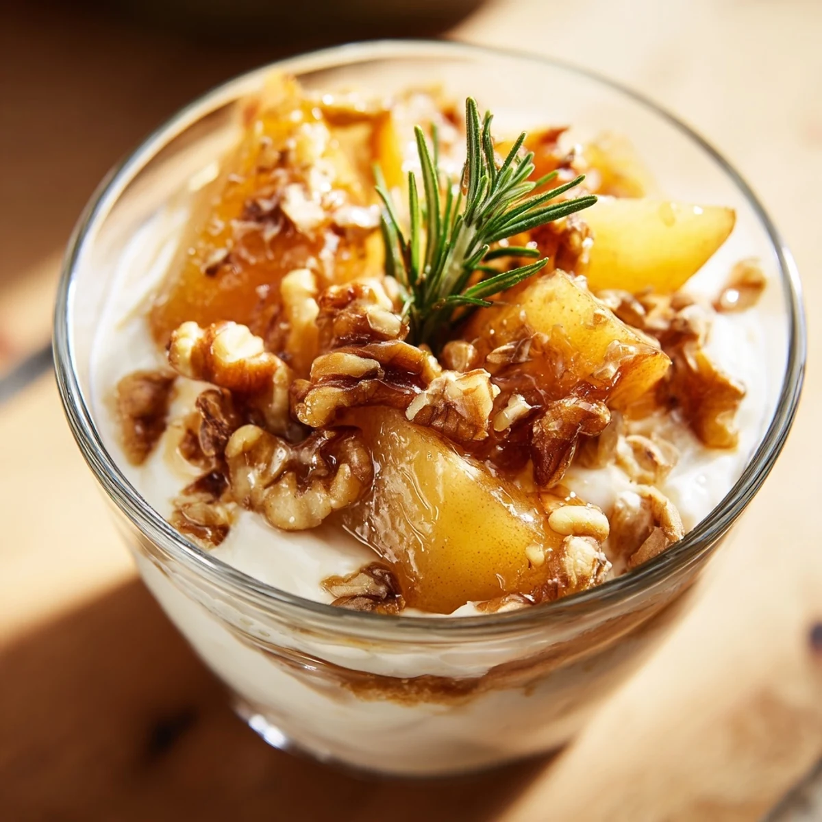 A close-up of a spoon lifting caramelized pears from the layered Hearty Rosemary Fragrant Roasted Pear Parfait in a dessert glass.
