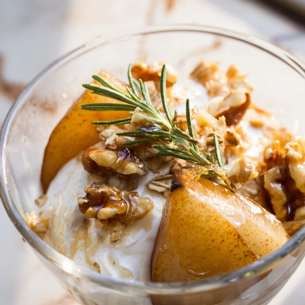 Fresh rosemary sprigs garnish this elegant Hearty Rosemary Fragrant Roasted Pear Parfait, drizzled with honey and sprinkled with toasted walnuts.