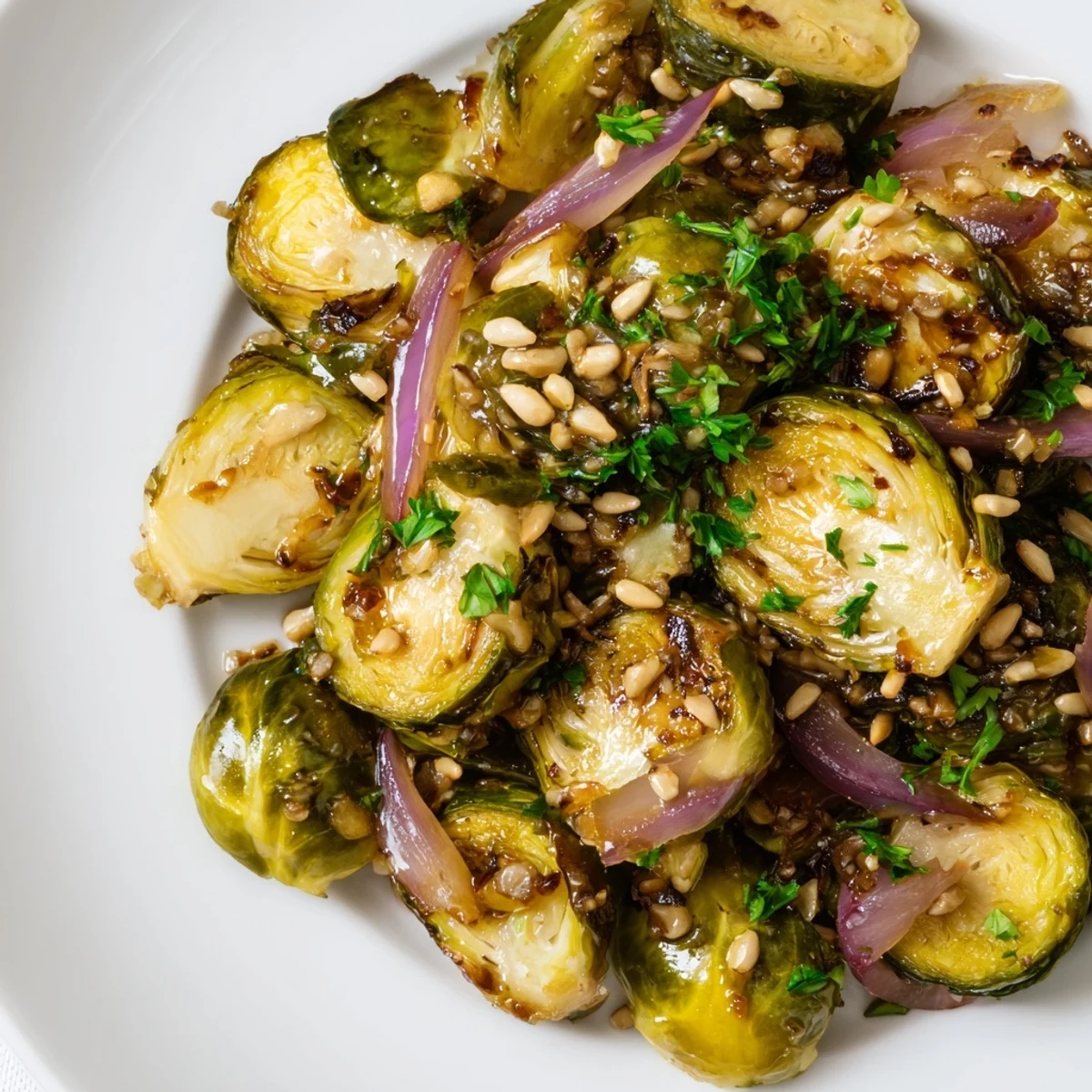 Roasted Honey Immune Boosting Glazed Brussels Sprouts served warm as a vibrant side dish with fresh parsley and seeds.