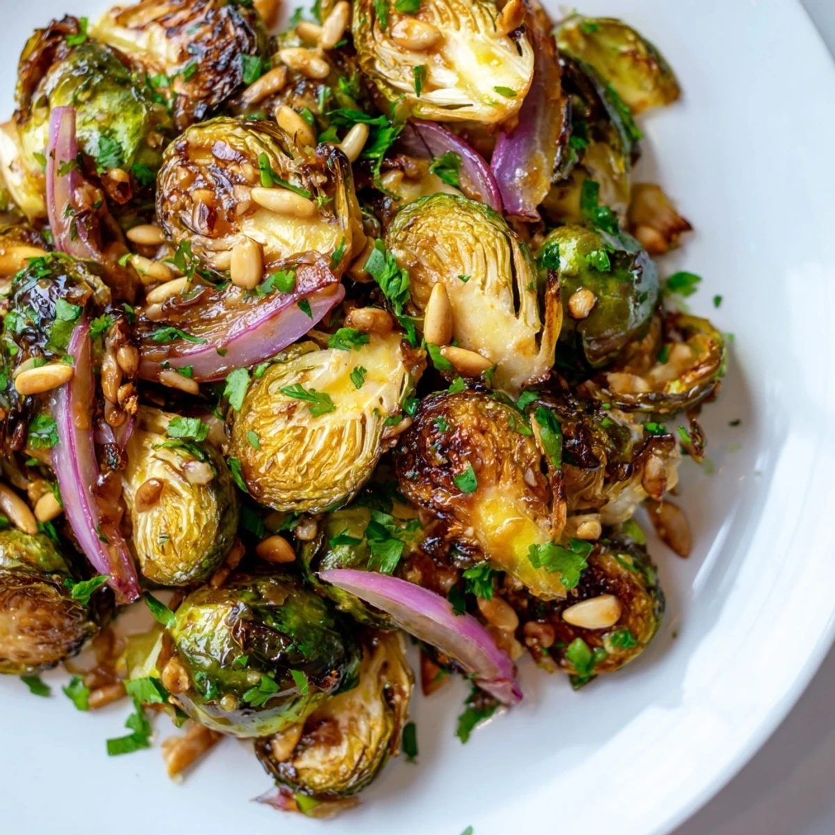 Close-up of Honey Immune Boosting Glazed Brussels Sprouts, caramelized edges, glazed with honey, garlic, and turmeric on a baking sheet.