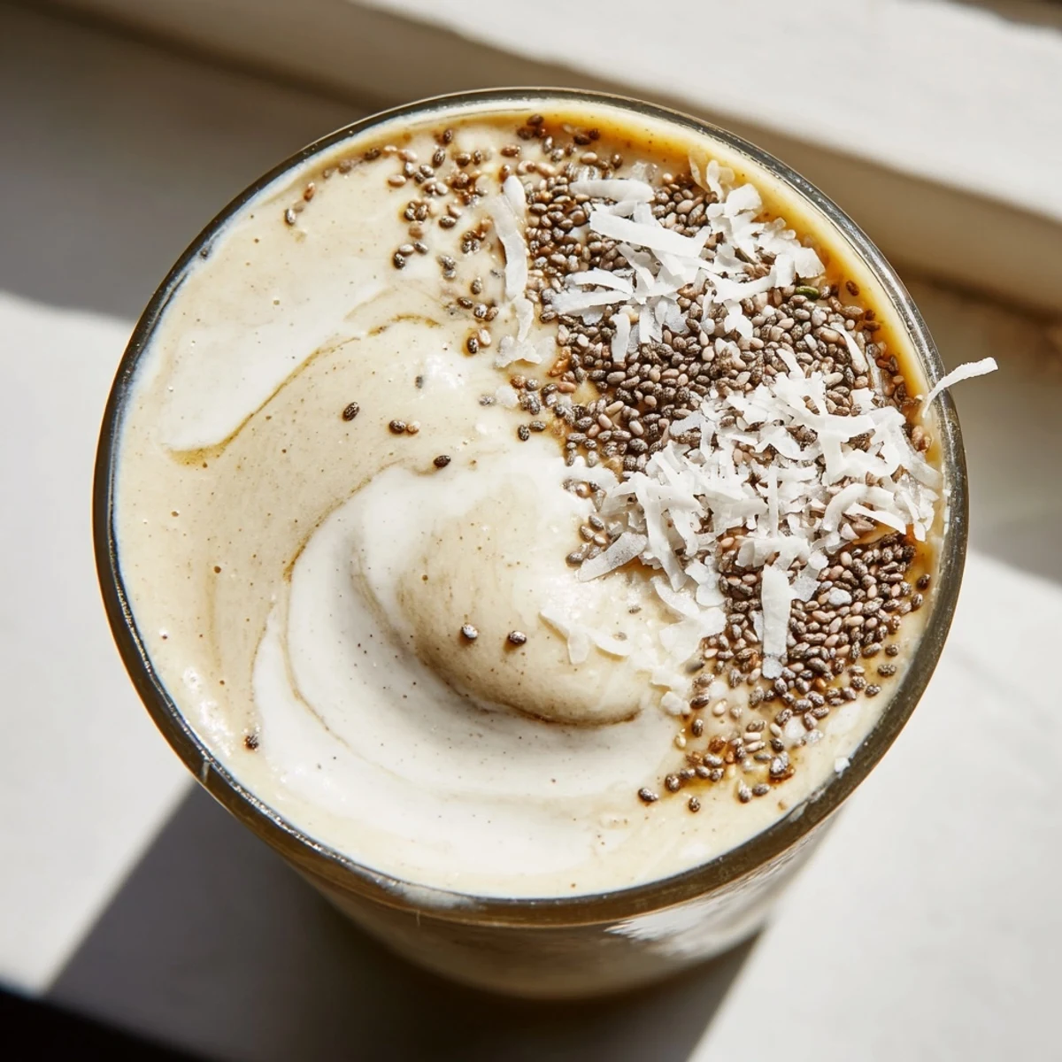 Two glasses of vibrant Coconut Collagen-Free Smoothie with Miso Glaze, topped with chia seeds and pineapple.