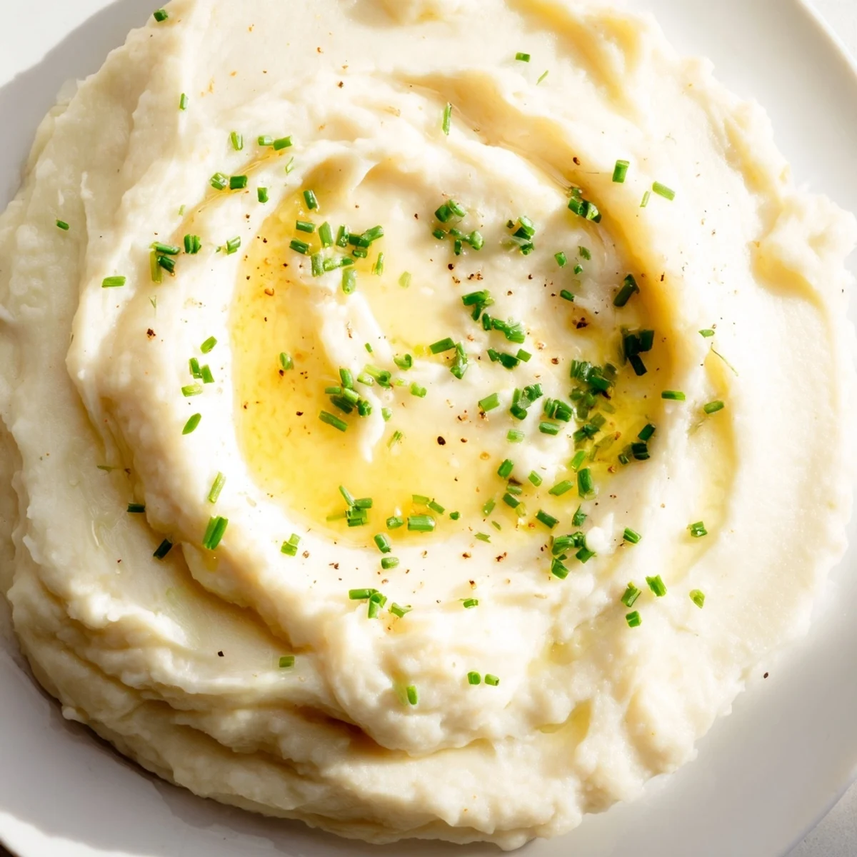 A close-up of creamy Roasted Celeriac Mash in a rustic bowl, garnished with fresh chives.