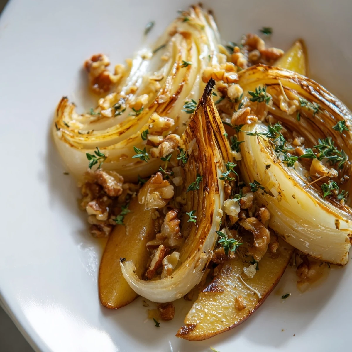 Golden roasted fennel and sweet apples lightly caramelized on a baking sheet, garnished with fresh thyme and chopped parsley for a cozy autumn side dish.