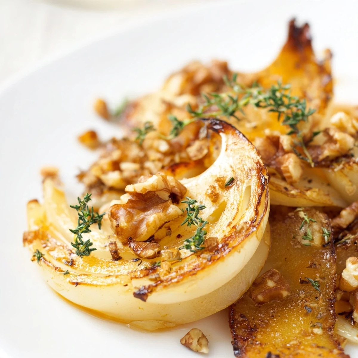 Vibrant bowl of Cozy Roasted Fennel and Apple with caramelized onions and toasted walnuts, perfect for a vegetarian, gluten-free autumn dinner spread.