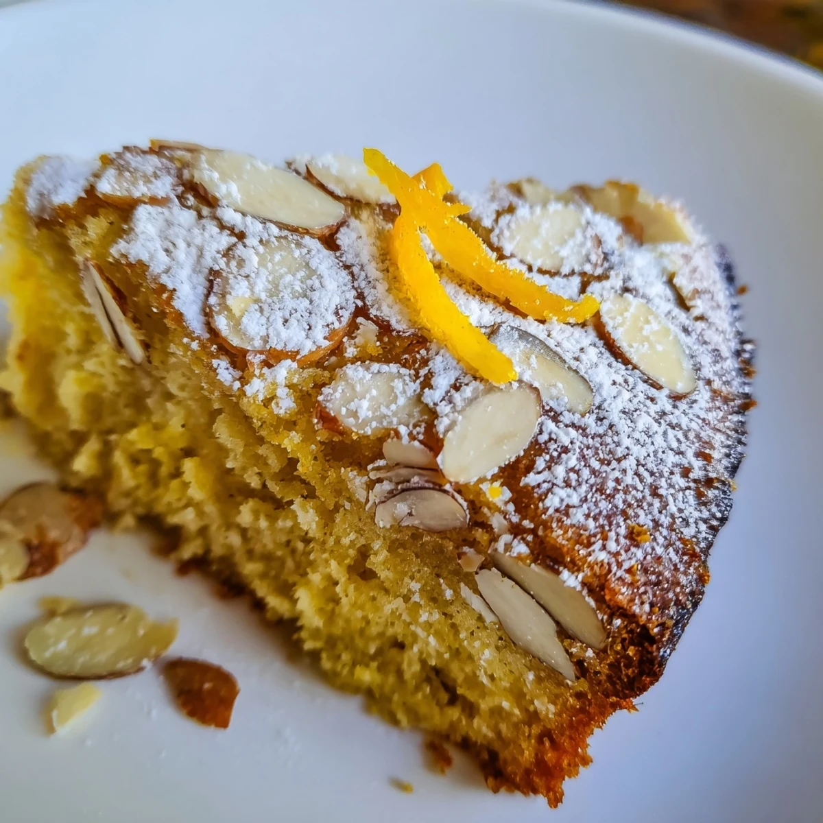 A plated slice of gluten-free Orange Ginger Scented Almond Cake reveals a moist crumb and golden crust, garnished with fresh zest.