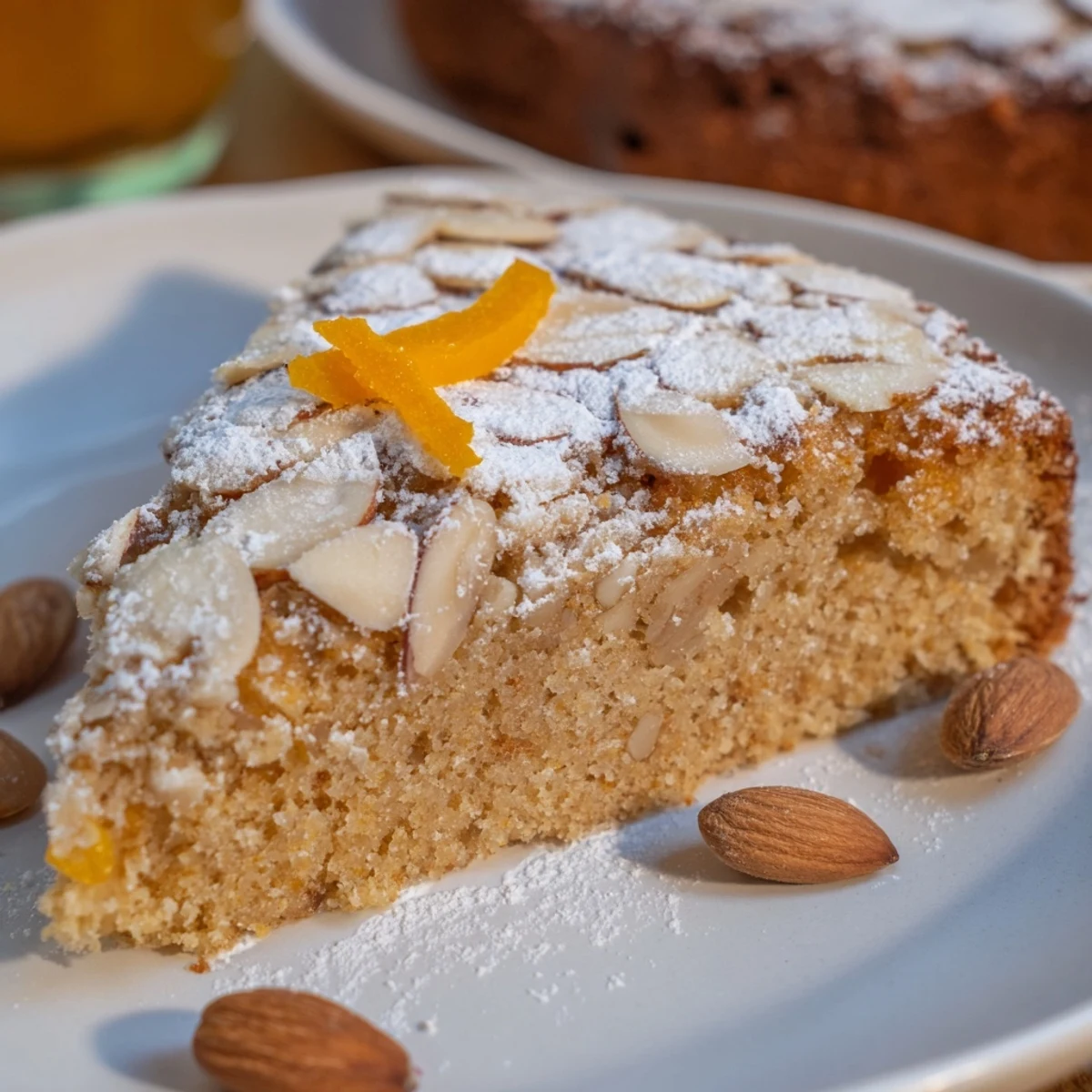 Freshly baked Orange Ginger Scented Almond Cake cooling on a wire rack, featuring a rustic top dusted with powdered sugar.