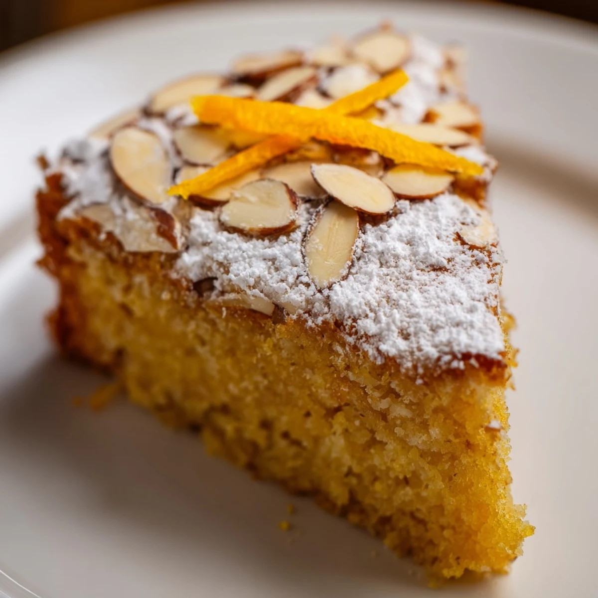 Golden-brown Orange Ginger Scented Almond Cake with sliced almonds on top, sliced to show the tender, nutty interior.