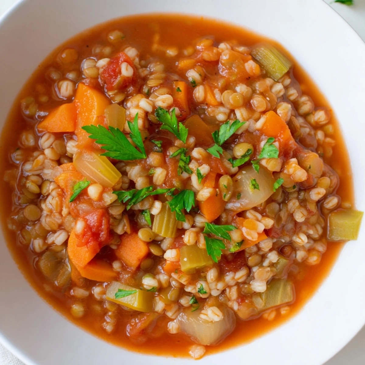 Golden-brown, slow roasted cardamom-scented barley and lentil stew steaming in a rustic bowl, garnished with fresh parsley.