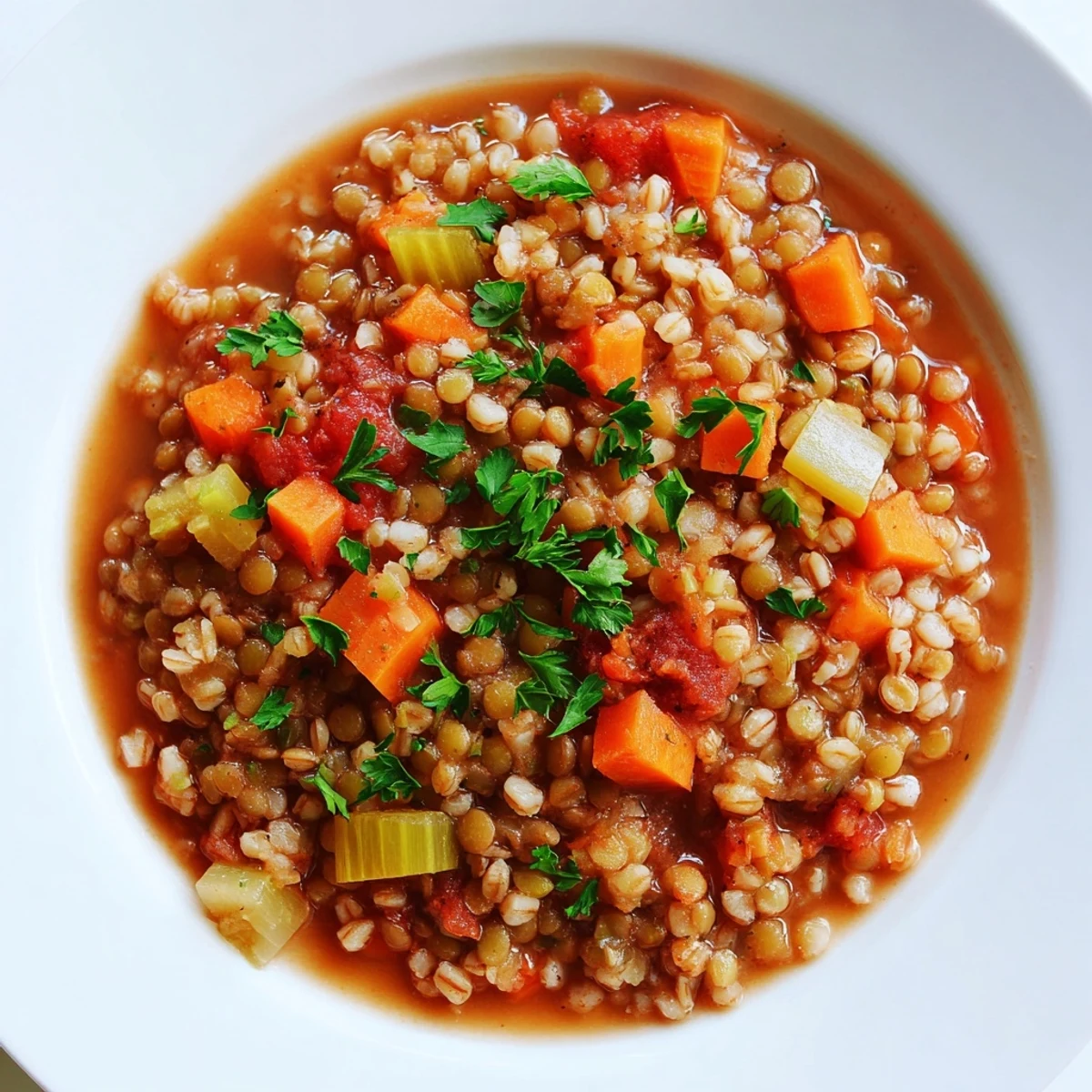 Close-up of tender lentils and barley in slow roasted cardamom-scented stew, served with crusty bread on the side.