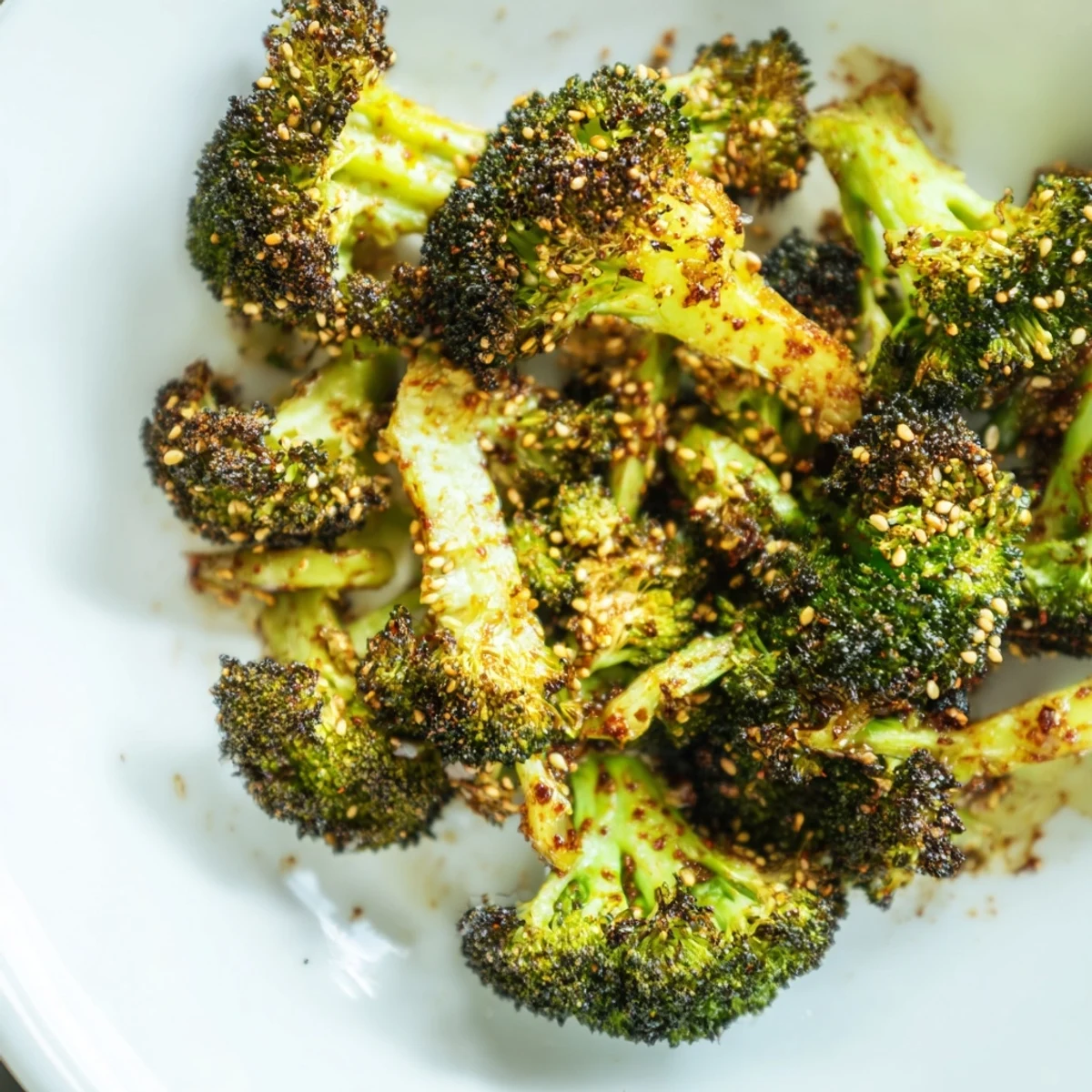 Golden-brown Cinnamon Warmed Sesame Roasted Broccoli on a rustic wooden platter, garnished with fresh lemon wedges and vibrant herbs for a family-style side dish.