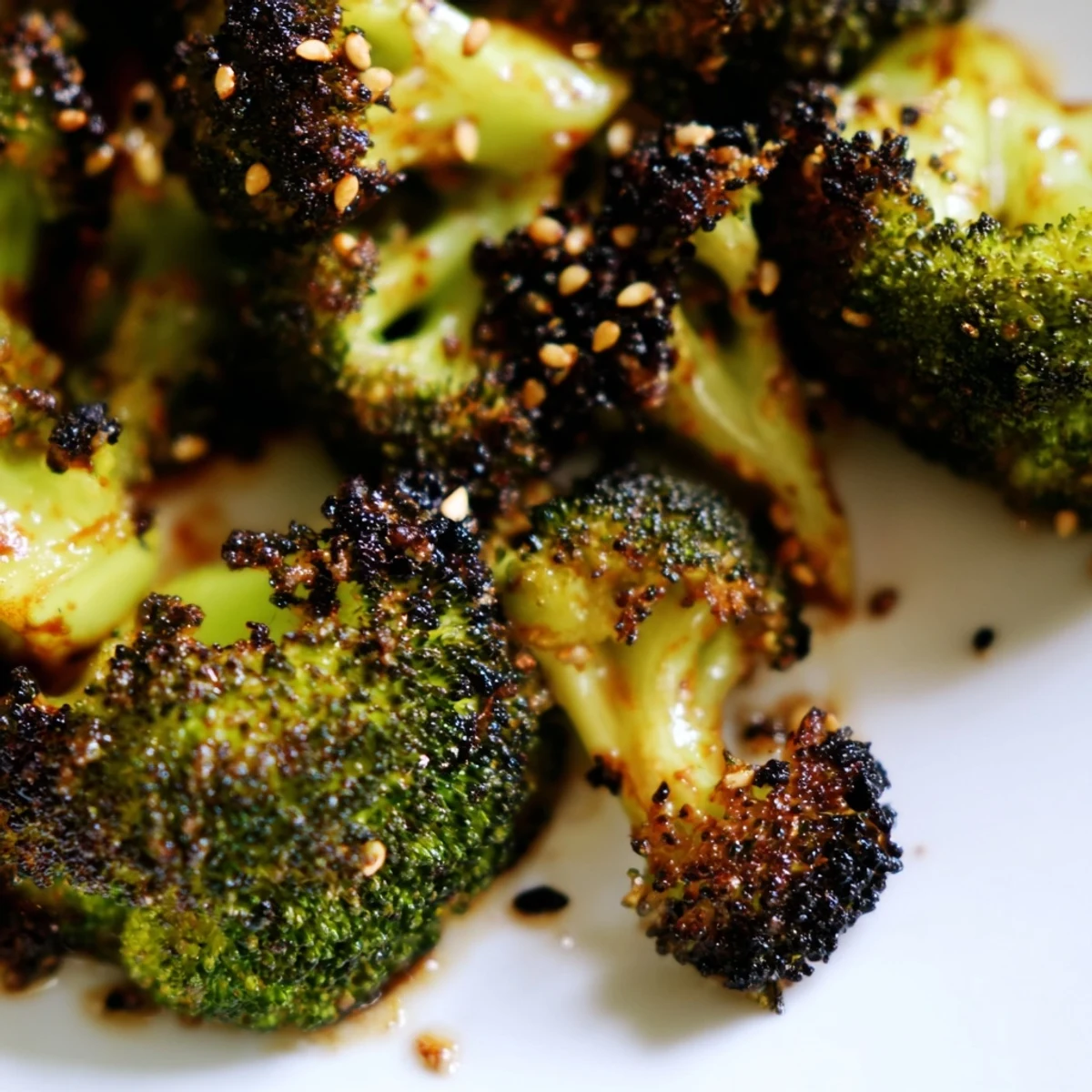 A close-up view of Cinnamon Warmed Sesame Roasted Broccoli highlighting crispy caramelized edges and glistening toasted sesame seeds on a modern ceramic plate.