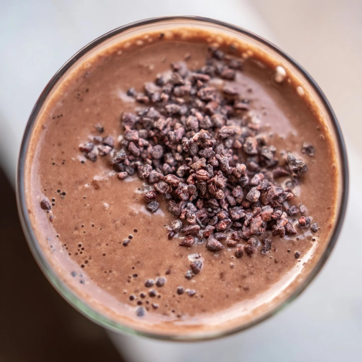 Two tall glasses of creamy, dark brown Avocado Cacao Smoothie sit beside a sliced banana and cacao powder on a marble counter.