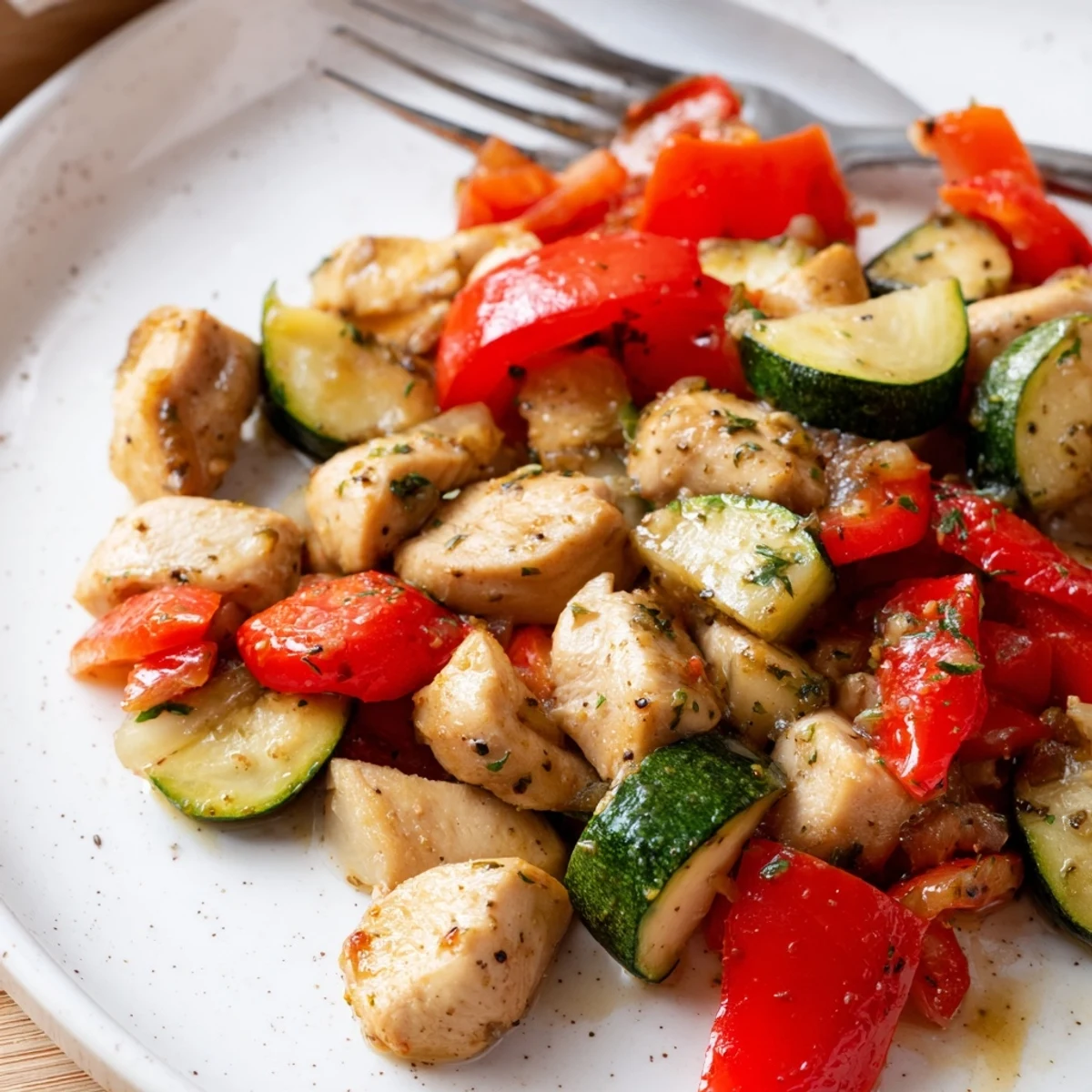 A close-up of the Garlic Herb Turkey Skillet showing juicy turkey, sautéed red peppers, zucchini, and fresh herbs.
