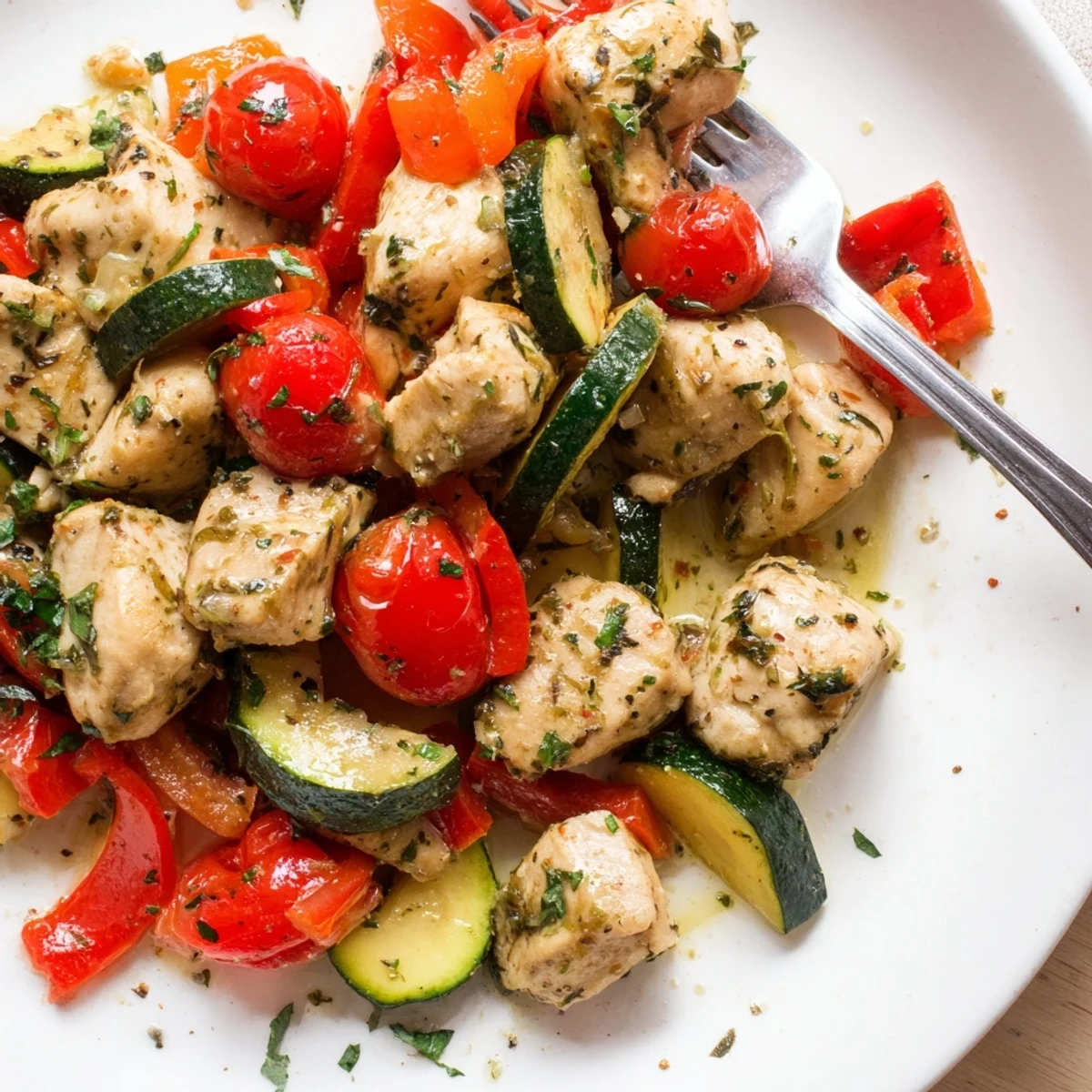 A skillet of Garlic Herb Turkey with colorful vegetables and cherry tomatoes, reflecting American-style healthy cooking.