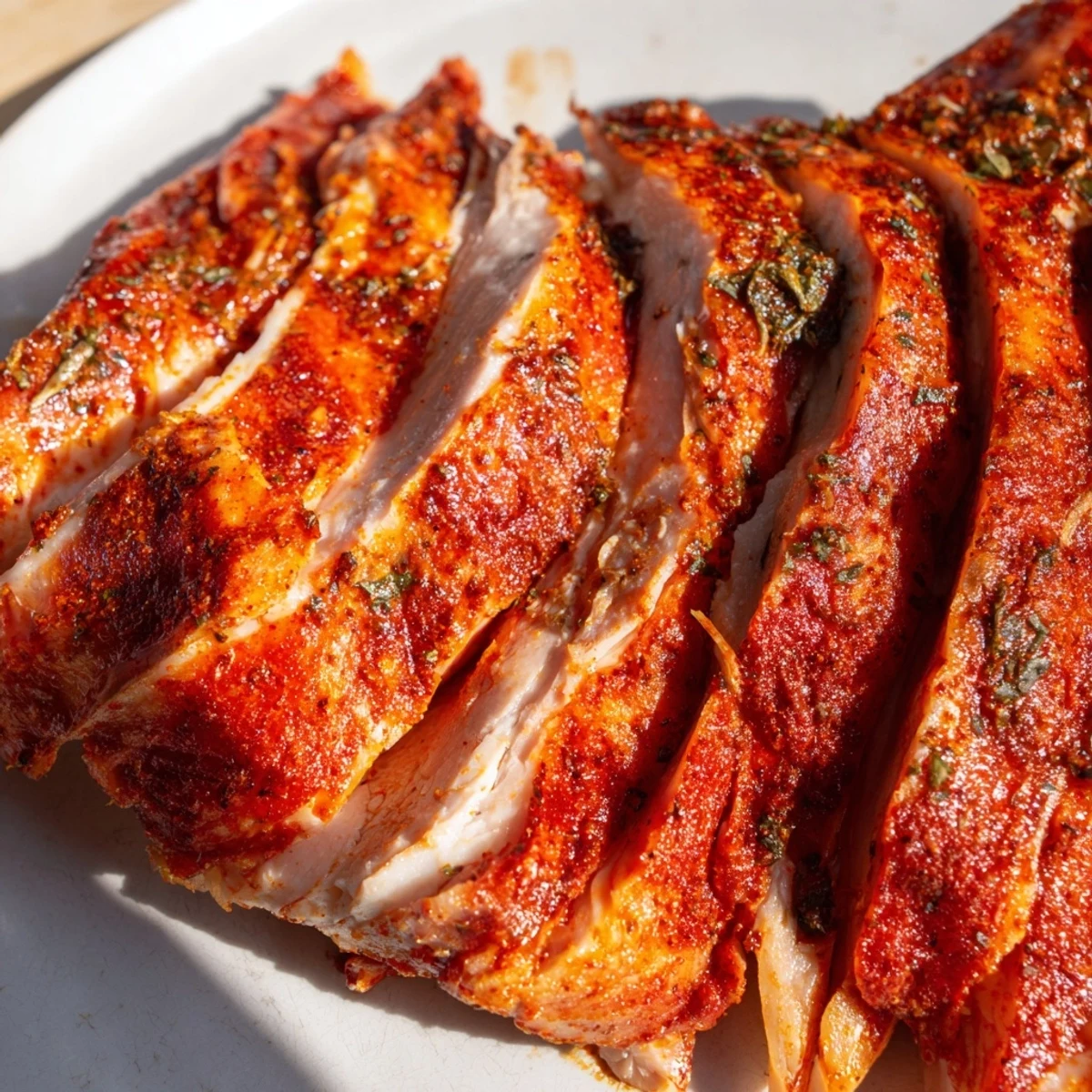 Golden-brown Paprika Spiced Turkey Slow Roasted with herbs and lemon peeking from the cavity.