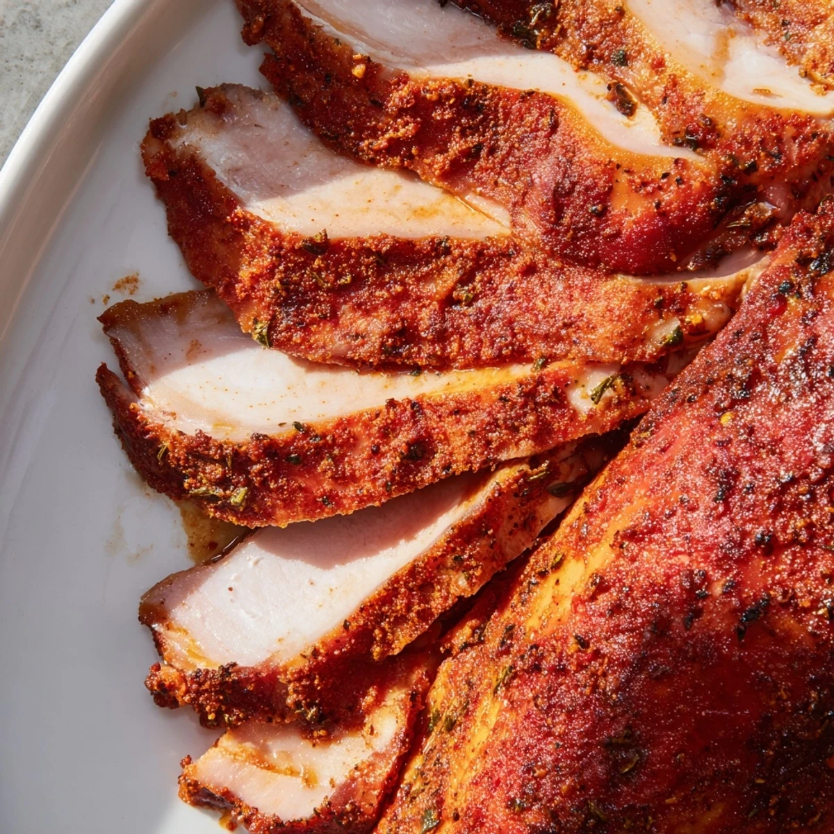 Carving a juicy Paprika Spiced Turkey Slow Roasted to reveal smoky, tender meat.