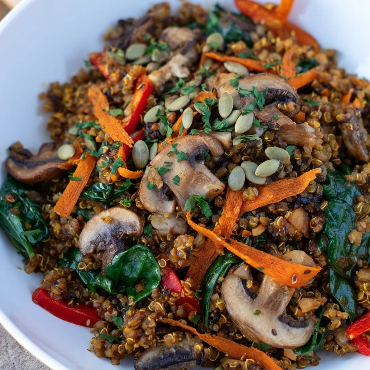 Warm nourishing Immune Boosting Cinnamon Warmed Grain and Mushroom Bowl featuring sautéed mushrooms and fluffy quinoa.