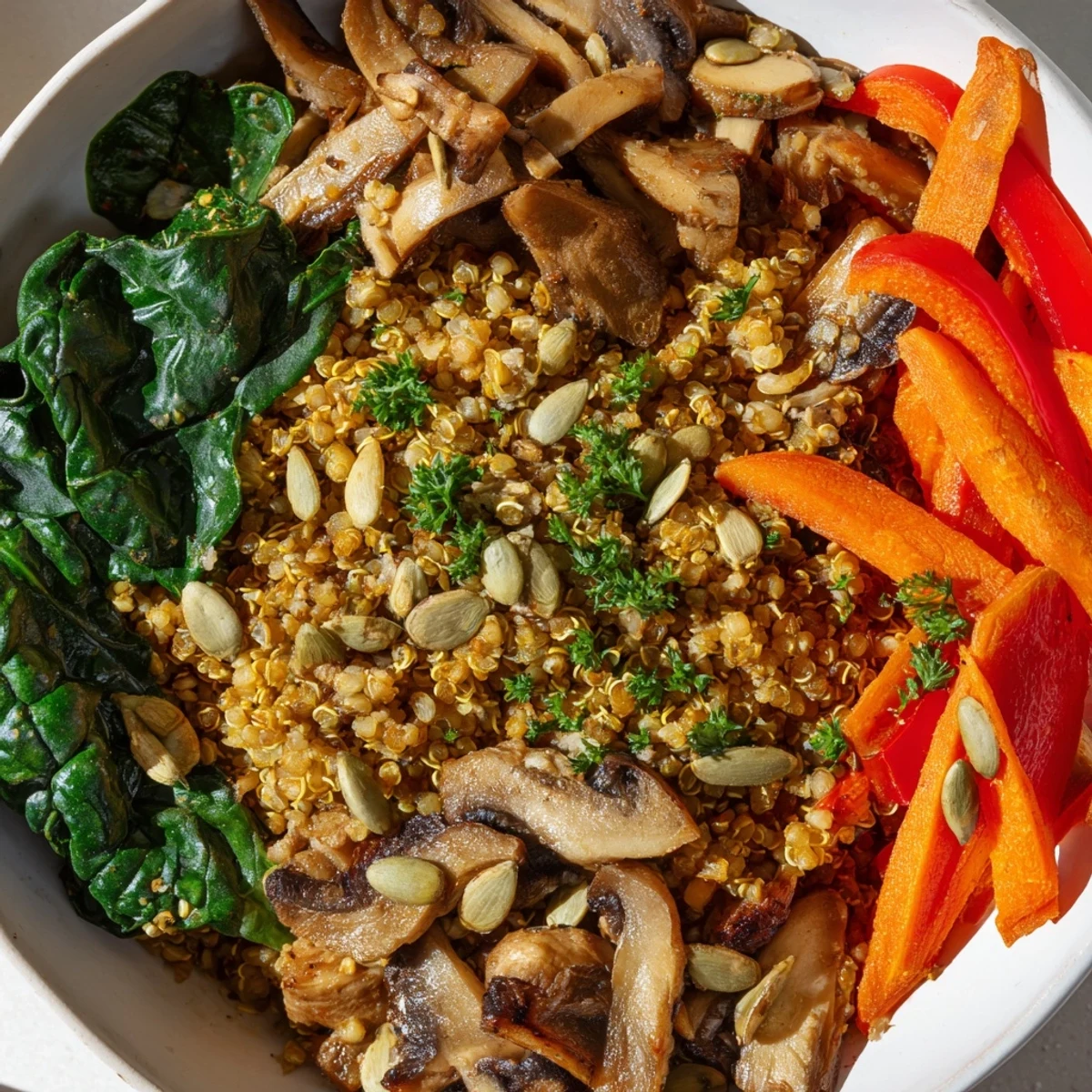 Steaming bowl of Immune Boosting Cinnamon Warmed Grain and Mushroom Bowl garnished with toasted pumpkin seeds.