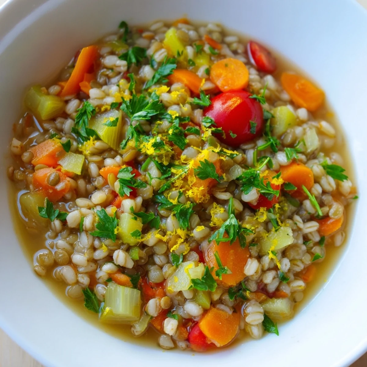 Colorful cooked vegetables and tender grains simmer in the broth, with zesty citrus notes highlighted by orange and lemon zest.