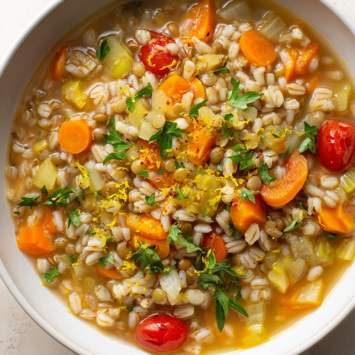 Fresh Citrus Barley and Lentil Stew steams in a rustic bowl, garnished with parsley and lemon wedges for a bright, tangy finish.