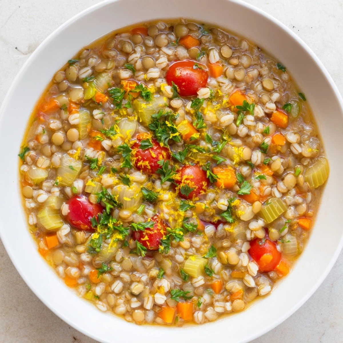 Hearty bowl of Fresh Citrus Barley and Lentil Stew served with crusty bread, ideal for a nourishing vegetarian family dinner.