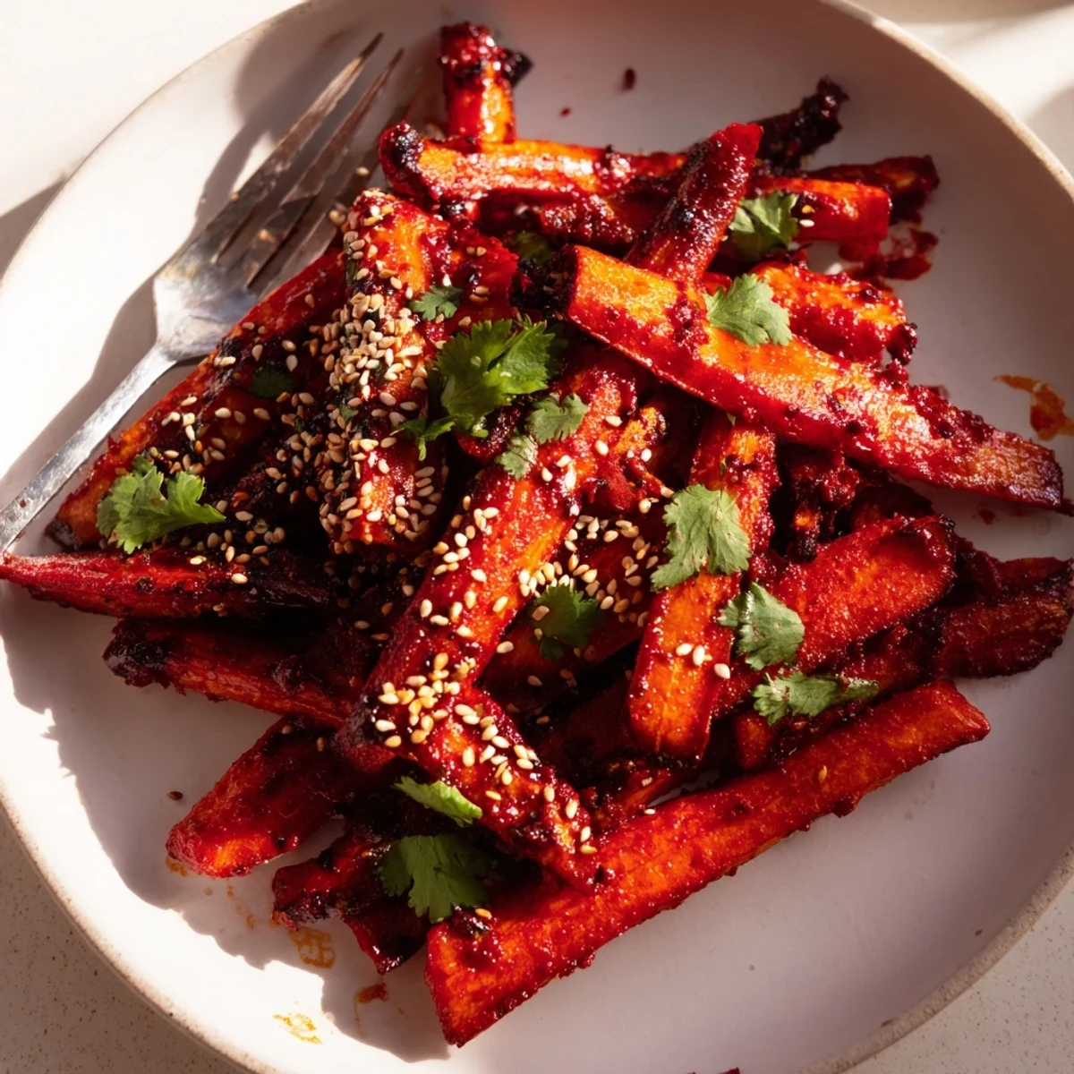 Harissa Roasted Carrots glazed and caramelized on a platter, garnished with fresh cilantro and pistachios for a vibrant side dish.