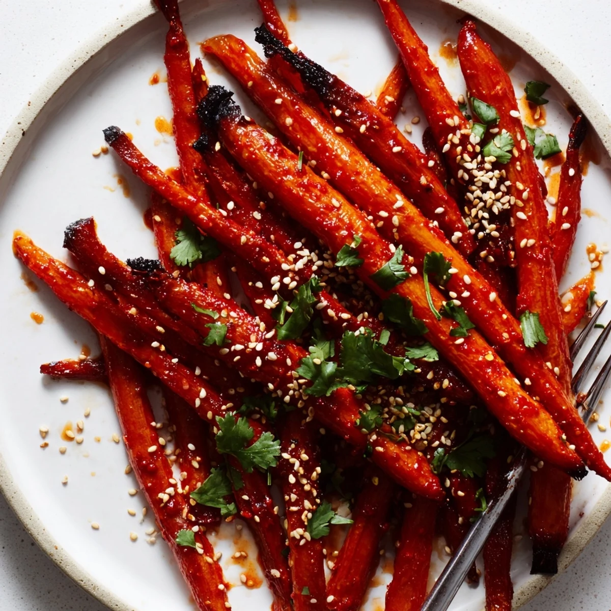 Golden-brown Harissa Roasted Carrots with smoky aroma and a lemon wedge on the side, ready to serve alongside a grain salad.
