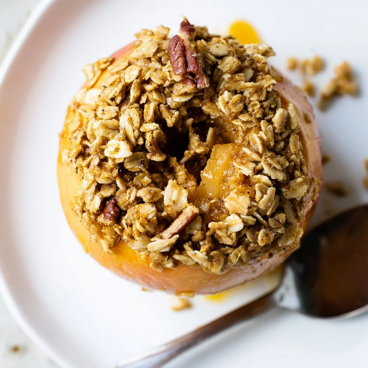 Freshly baked Orange Kissed Slow Roasted Baked Cinnamon Apple With Oat Crumble topped with vanilla ice cream melting over the golden crumble.