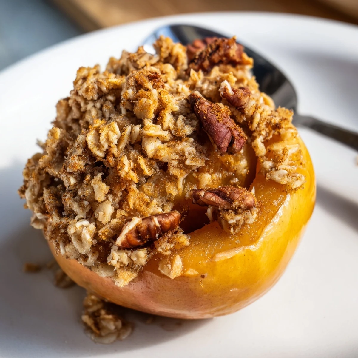 Four Orange Kissed Slow Roasted Baked Cinnamon Apple With Oat Crumble desserts resting in a ceramic baking dish, steam rising from tender fruit.