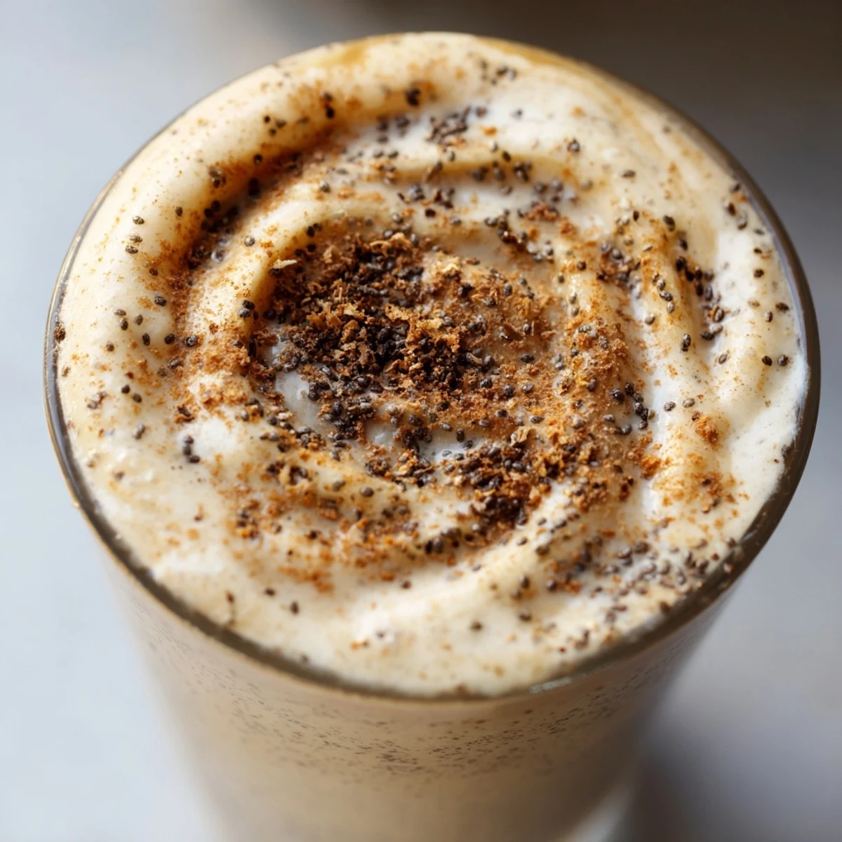 Creamy warm Brown Butter Coconut Collagen-Free Warm Cinnamon Smoothie in a rustic mug beside a cinnamon stick.