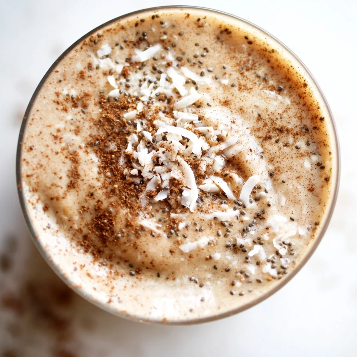 Spiced Brown Butter Coconut Collagen-Free Warm Cinnamon Smoothie topped with toasted coconut flakes and a drizzle of maple syrup.
