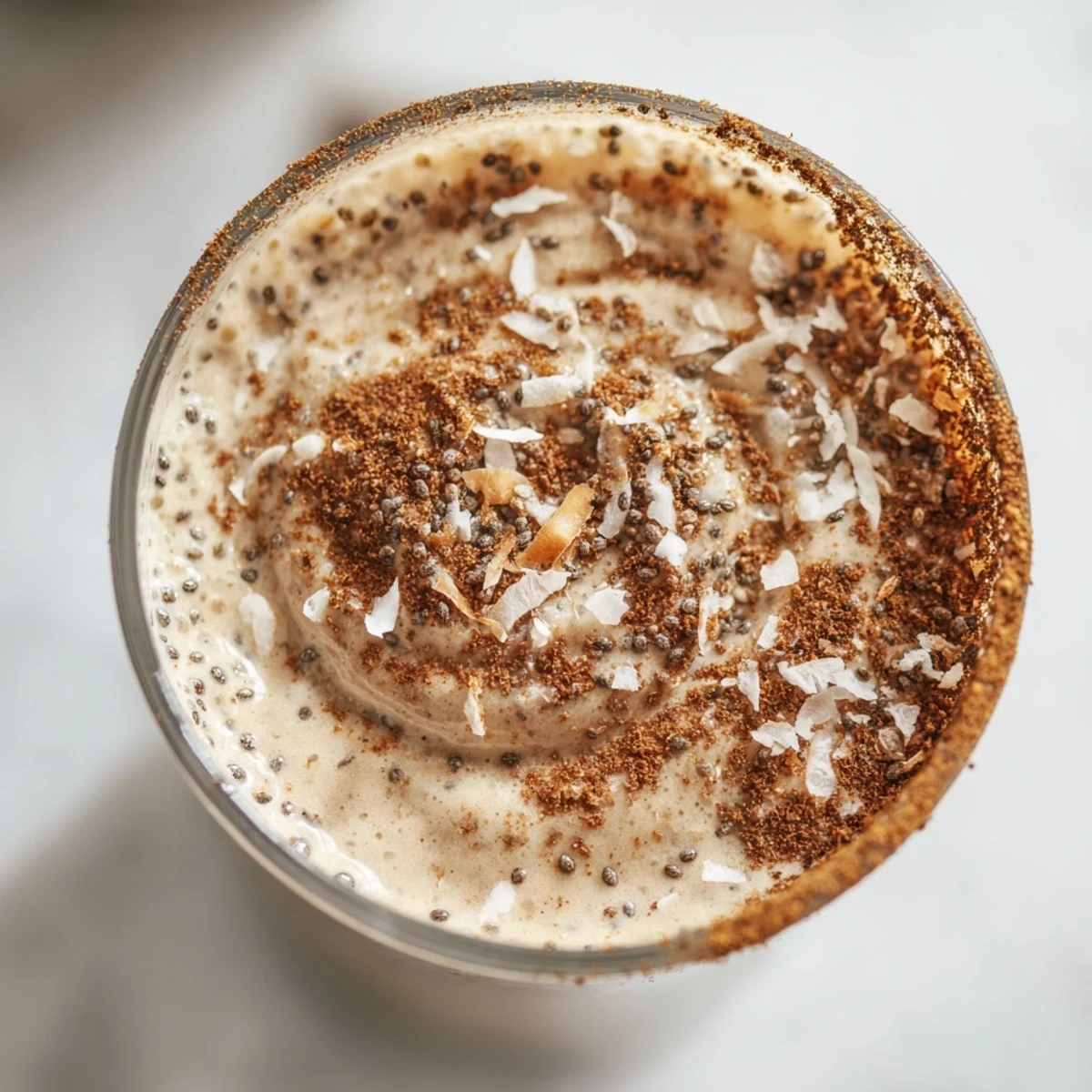 Frosted glass mug holding the Brown Butter Coconut Collagen-Free Warm Cinnamon Smoothie, steam rising from its creamy surface.
