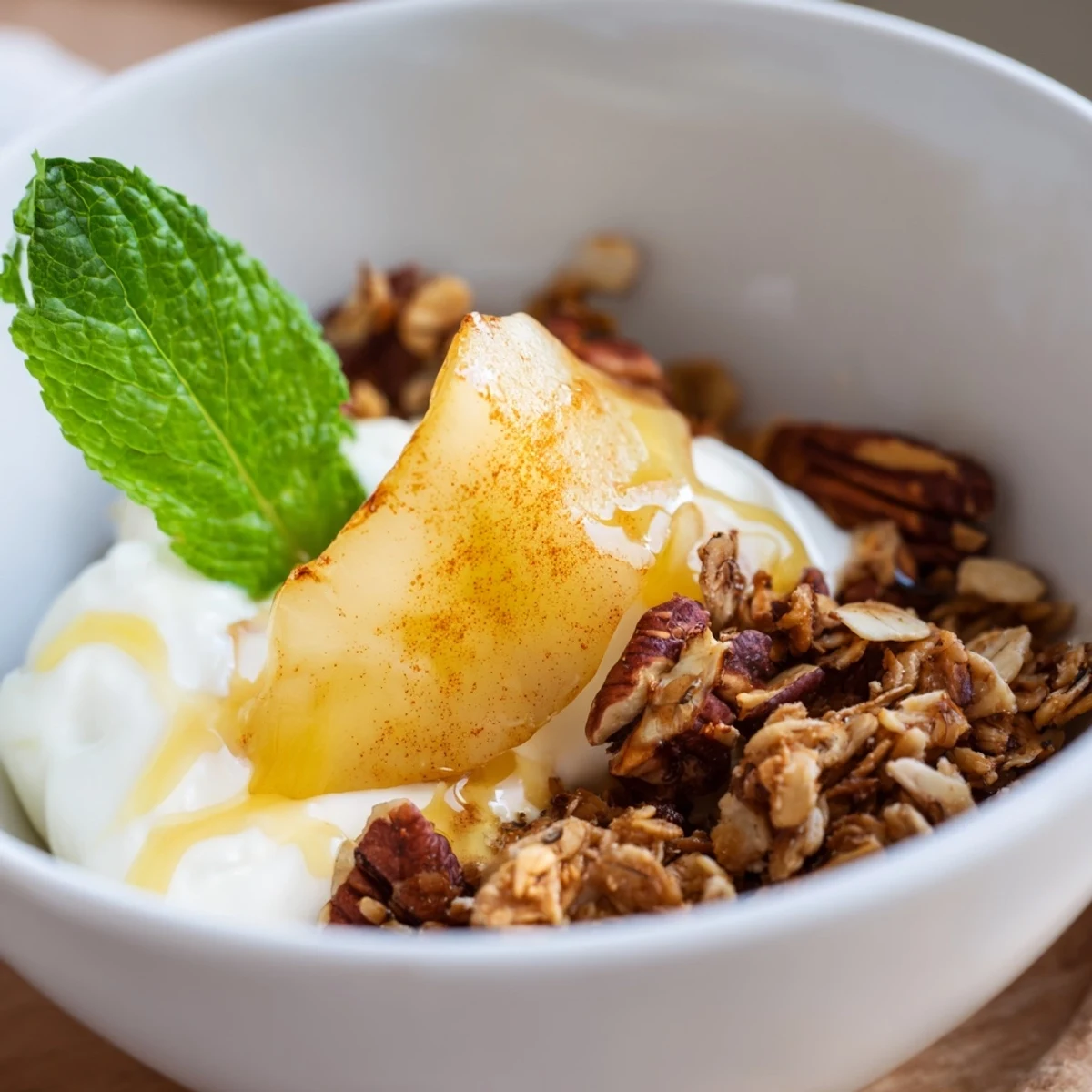 Freshly roasted pears with cinnamon are layered with creamy Greek yogurt and crunchy granola in a glass.
