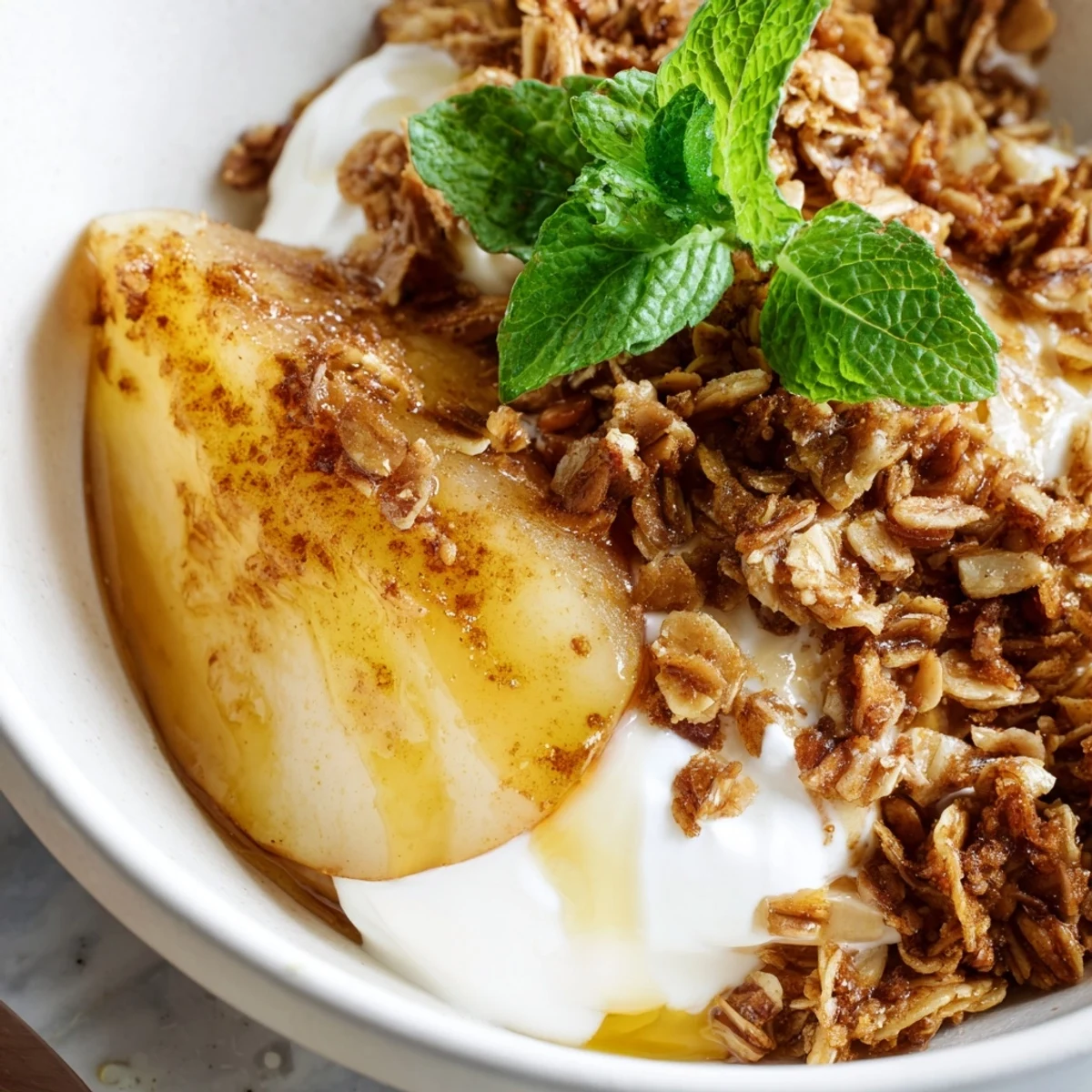 Dessert lovers will enjoy this vegetarian Roasted Pear Parfait with golden caramelized pears and cool yogurt.
