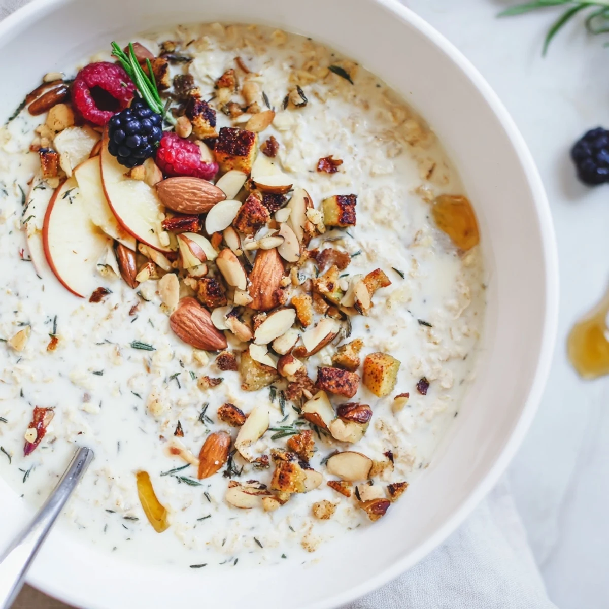 Fragrant Rosemary Overnight Oats Bowl topped with thyme-roasted nuts and diced apples garnished with fresh berries.