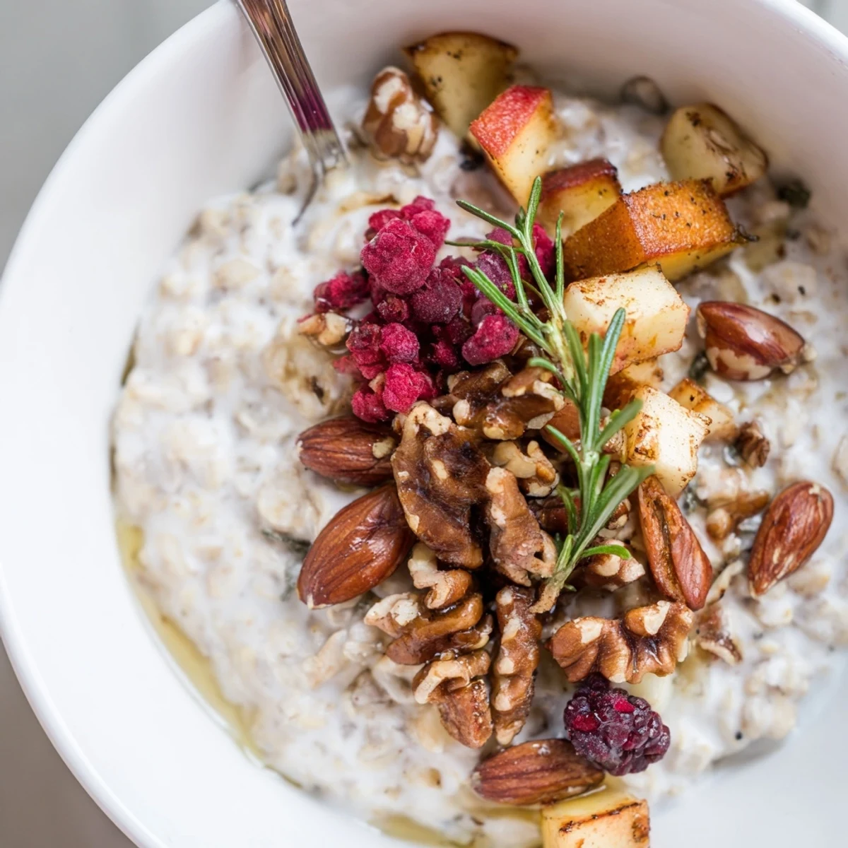 Spoon into a bowl of rosemary overnight oats, finished with thyme-roasted pecans, walnuts, and warm honey drizzle.