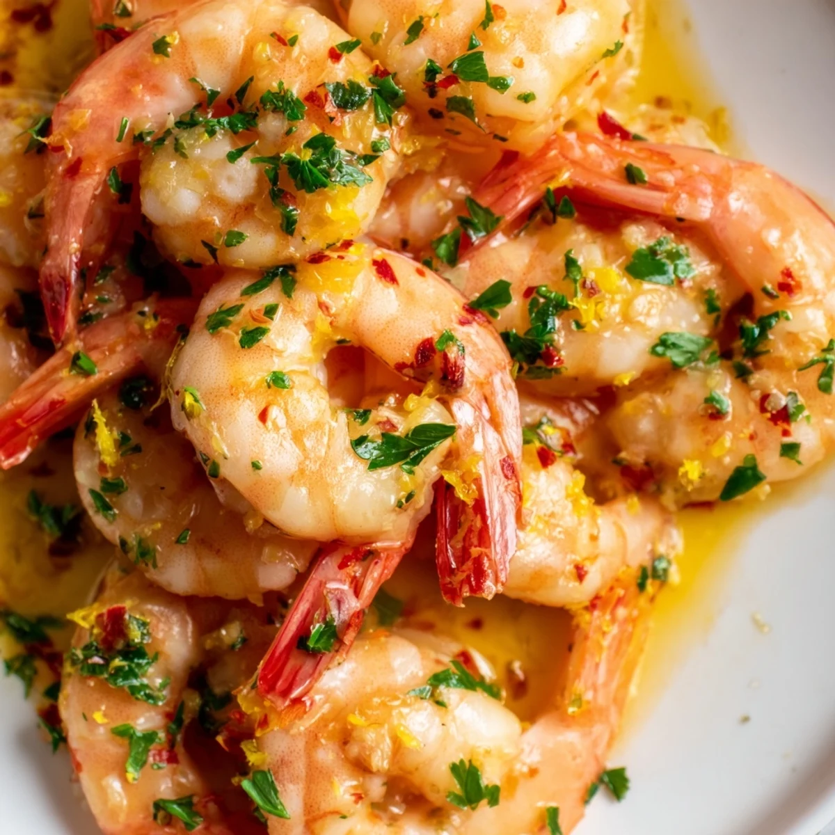 Succulent sautéed shrimp glistening in a vibrant amber glaze, topped with fresh parsley and lemon wedges.